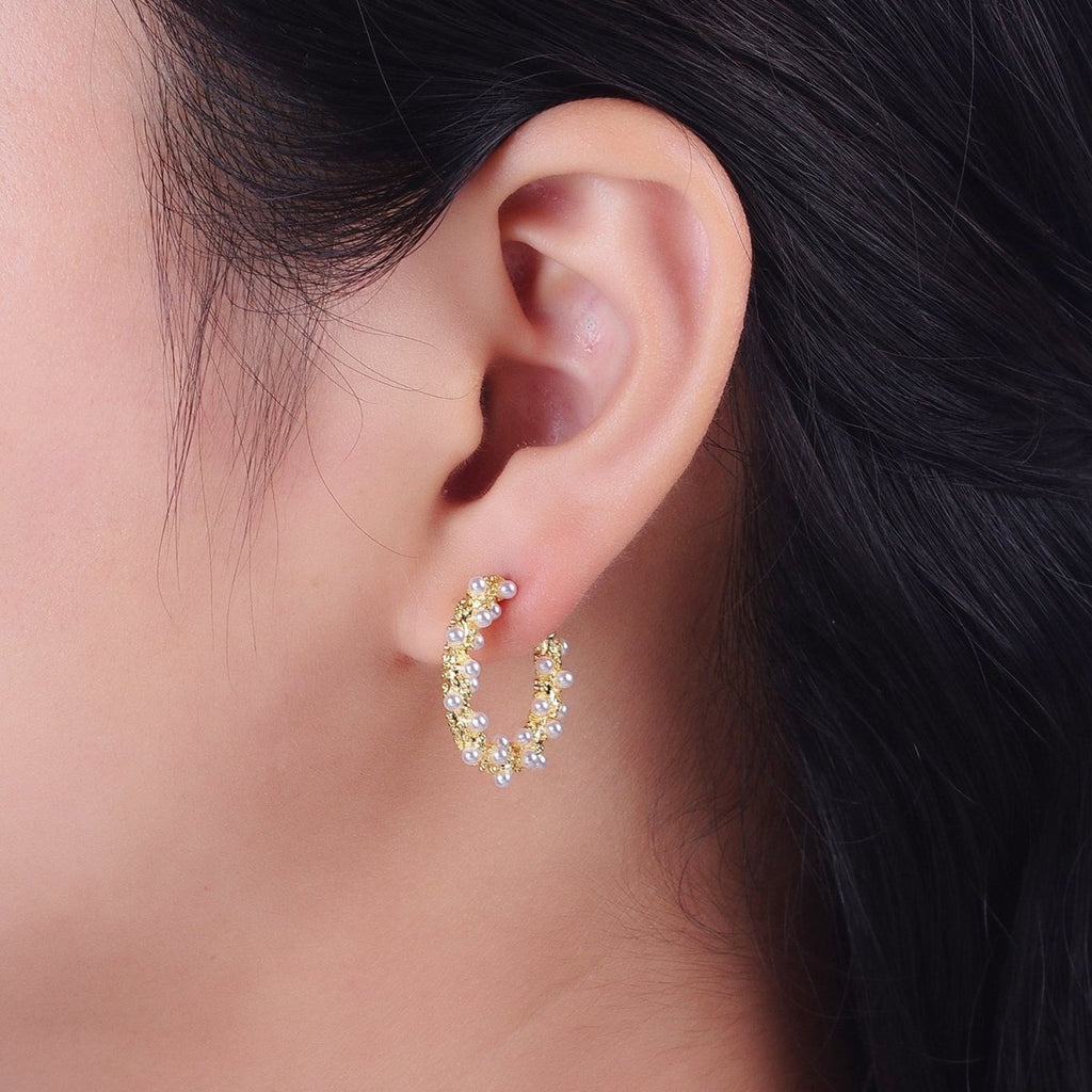 24K Gold plated White Pearl Beaded C-Shaped Stud Hoop Earrings | Y-228 - DLUXCA
