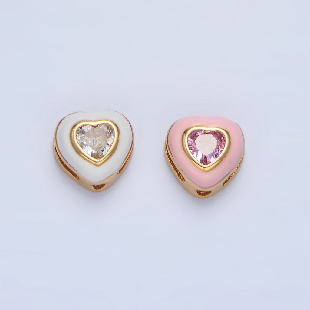 24K Gold plated White, Pink CZ Enamel Heart Bead | B574 - DLUXCA