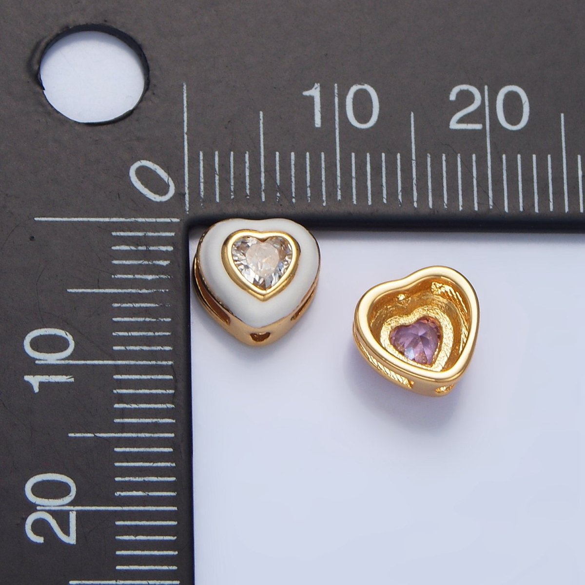 24K Gold plated White, Pink CZ Enamel Heart Bead | B574 - DLUXCA