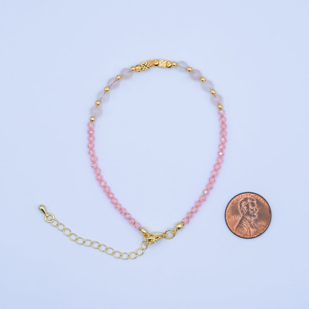 24K Gold plated White Pink Multifaceted Crystal Gemstone 7.5 Bracelet | WA - 2889 