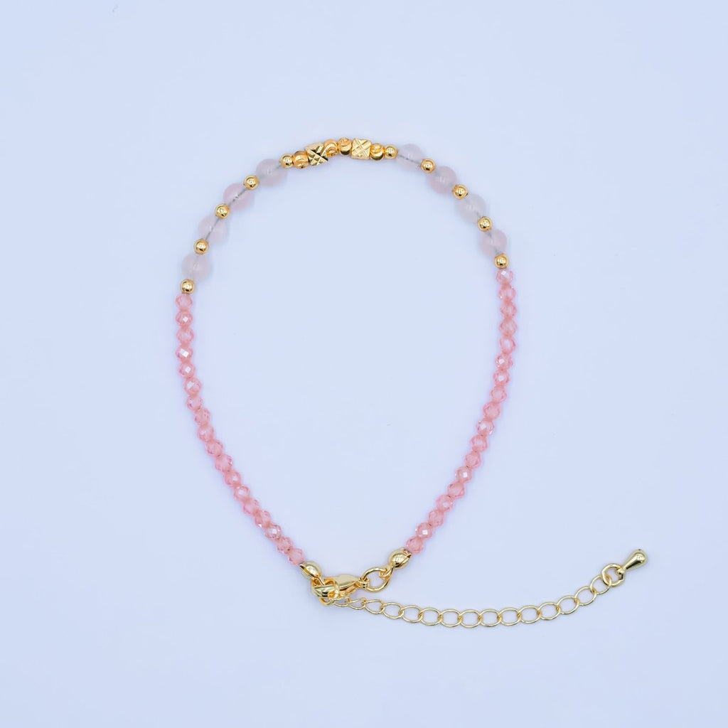 24K Gold plated White Pink Multifaceted Crystal Gemstone 7.5 Bracelet | WA - 2889 