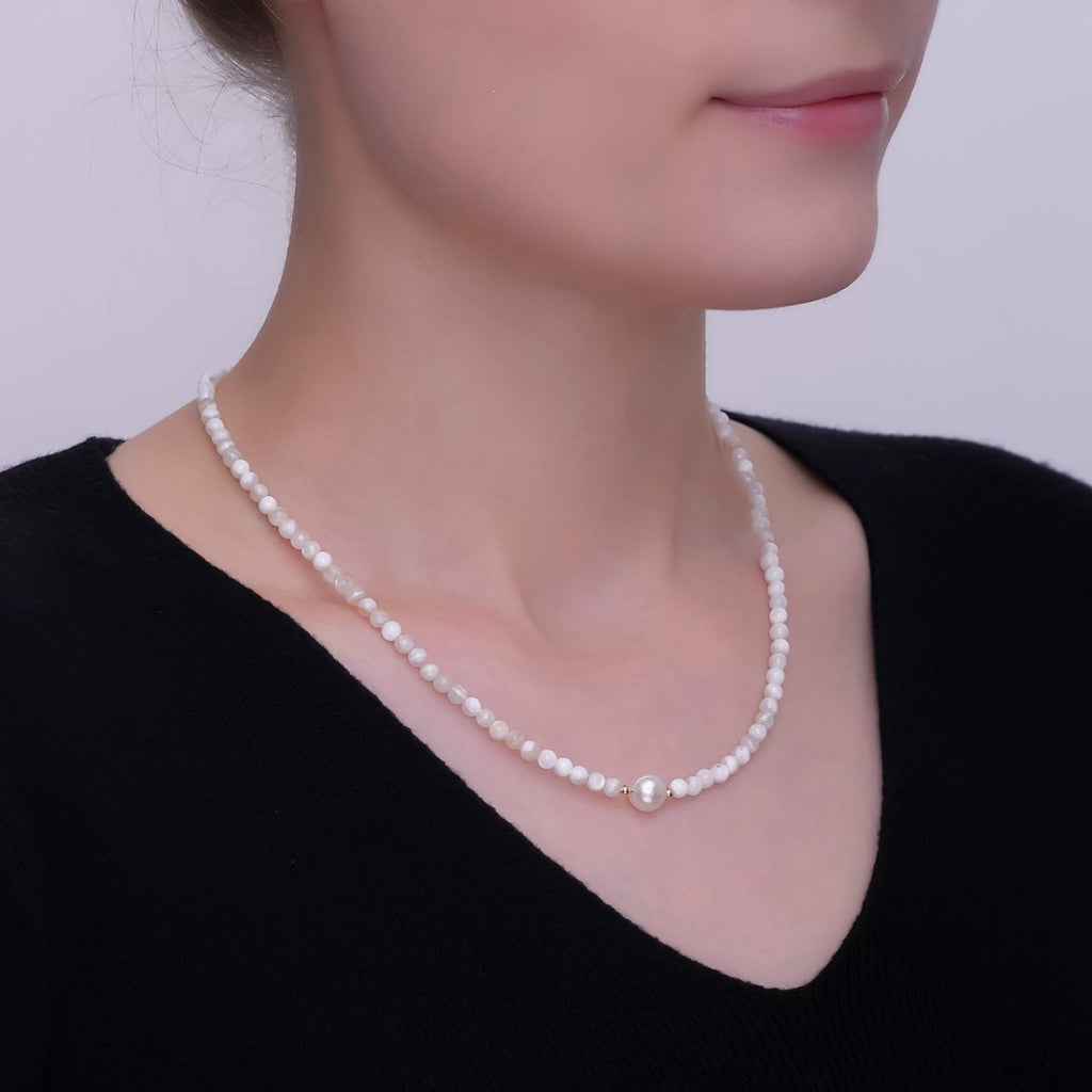 24K Gold plated White Shell Pearl Gemstone 17 Inch Necklace | WA - 2969 