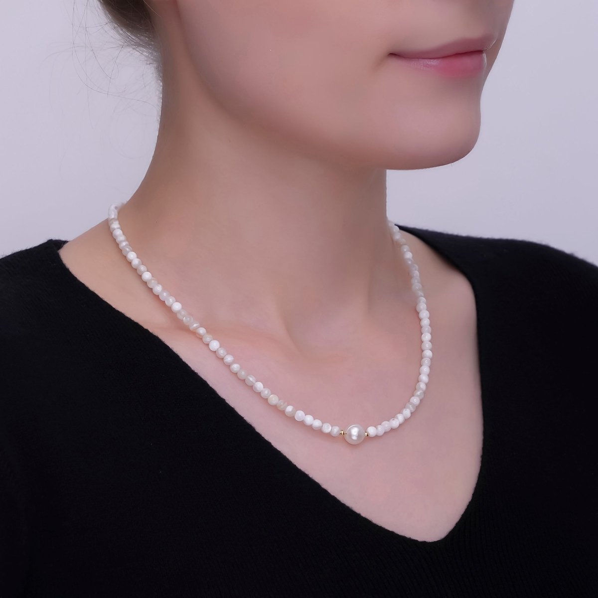 24K Gold plated White Shell Pearl Gemstone 17 Inch Necklace | WA - 2969 