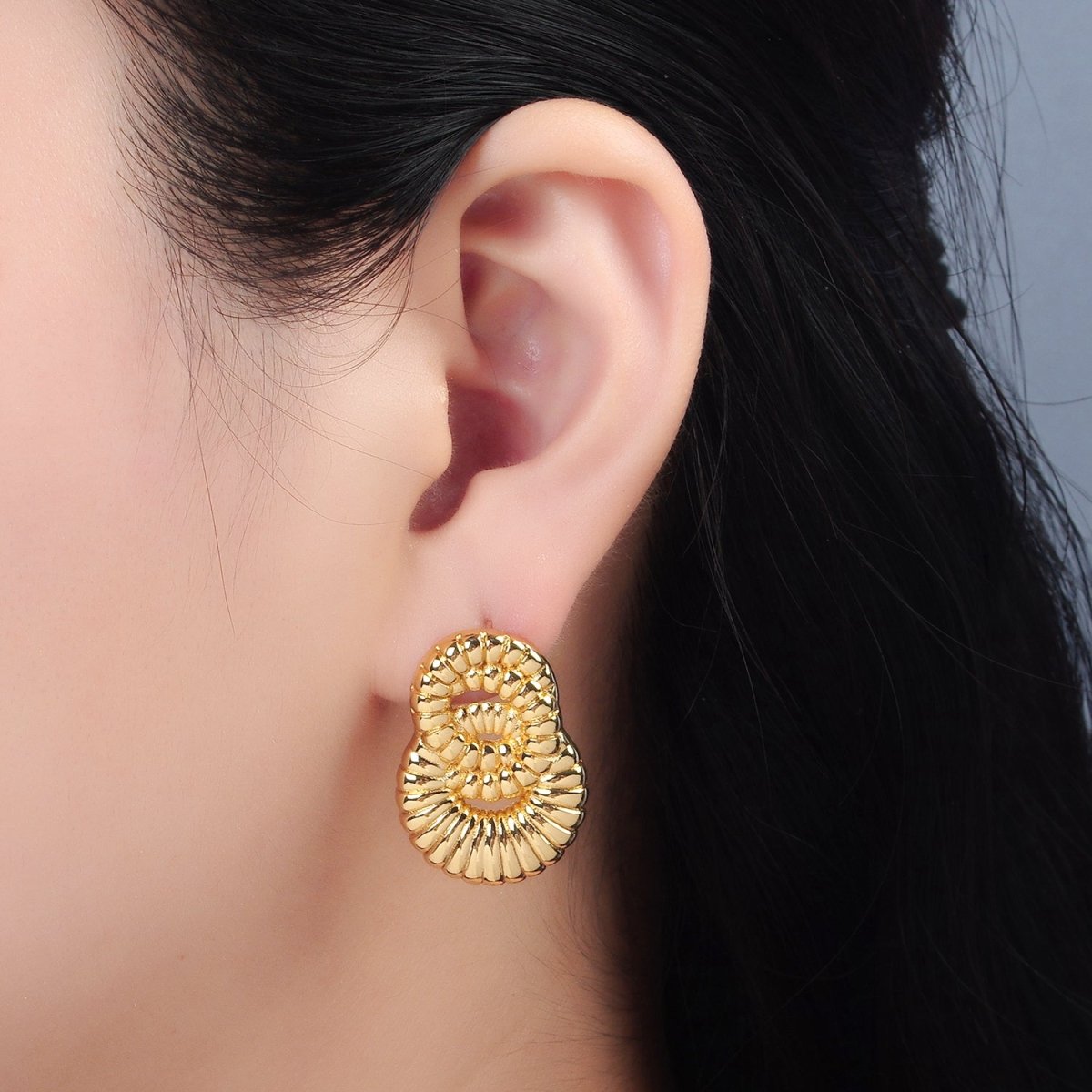 24K Gold plated Wide Flat Lined Croissant Double Circle Stud Earrings - DLUXCA