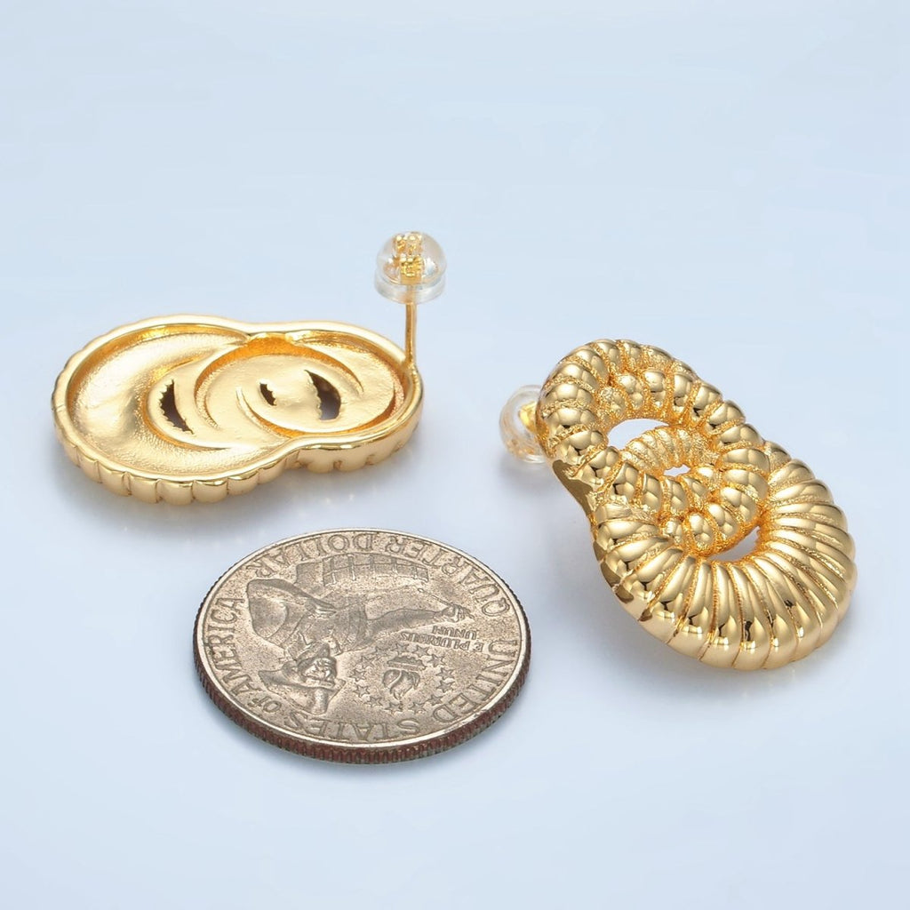 24K Gold plated Wide Flat Lined Croissant Double Circle Stud Earrings - DLUXCA