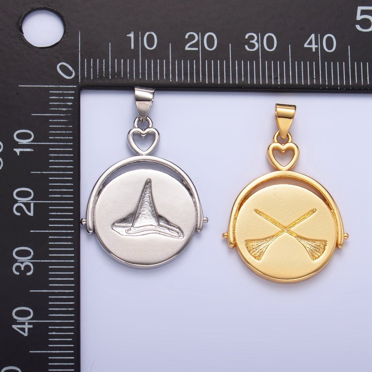 24K Gold plated Witch Hat Broom Double Sided Pendant in Gold & Silver | AA999 - DLUXCA