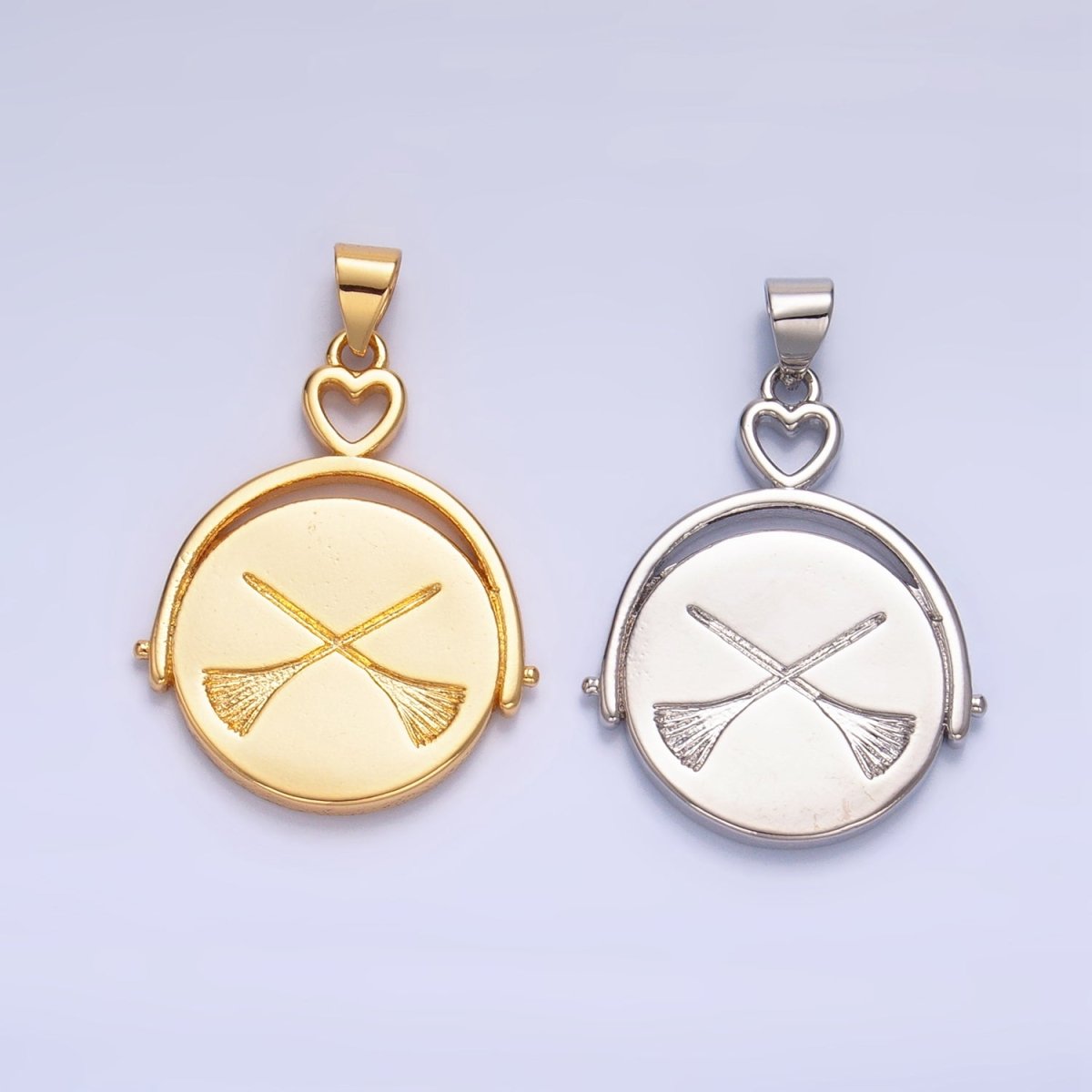24K Gold plated Witch Hat Broom Double Sided Pendant in Gold & Silver | AA999 - DLUXCA