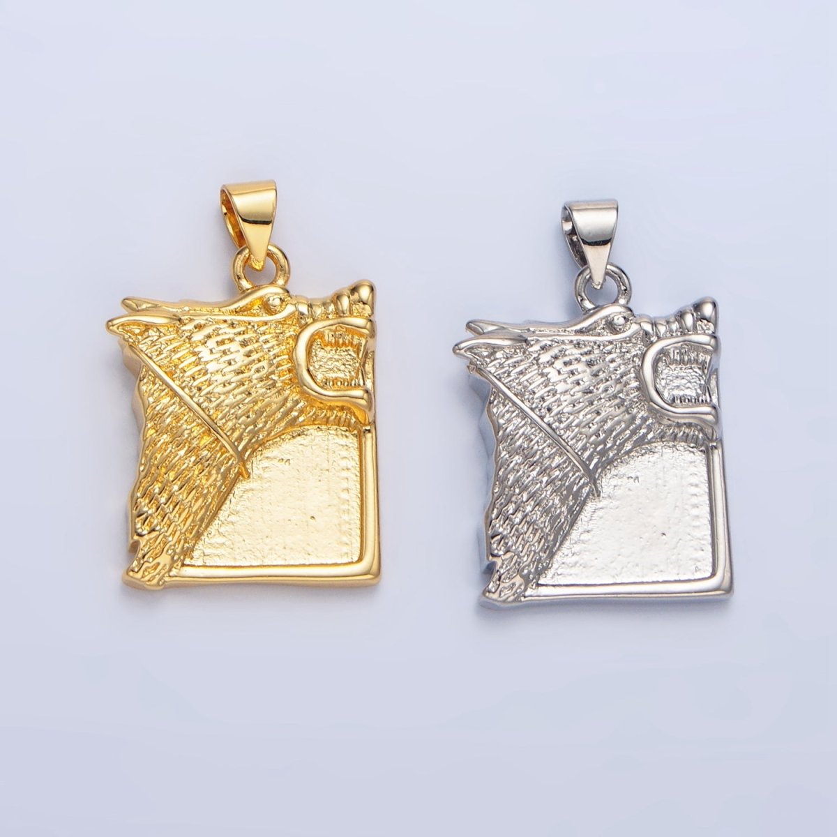 24K Gold plated Wolf Charms Square Tag Medallion Pendant in Gold Silver | I633