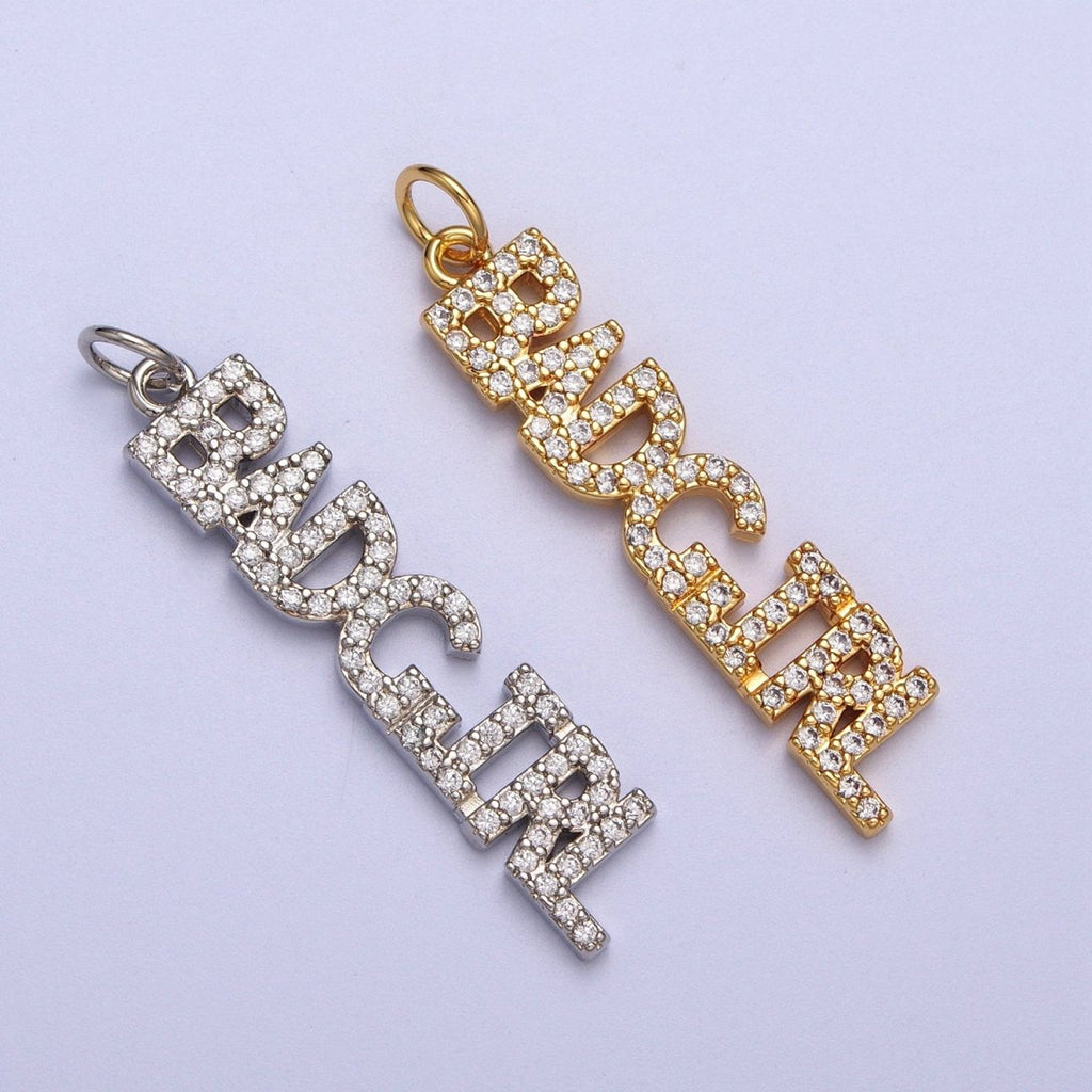 24K Gold plated Word Necklace, Micro Pave Bad Girl Pendant Add on Charm for Bracelet Necklace Earring Components AC551 AC552