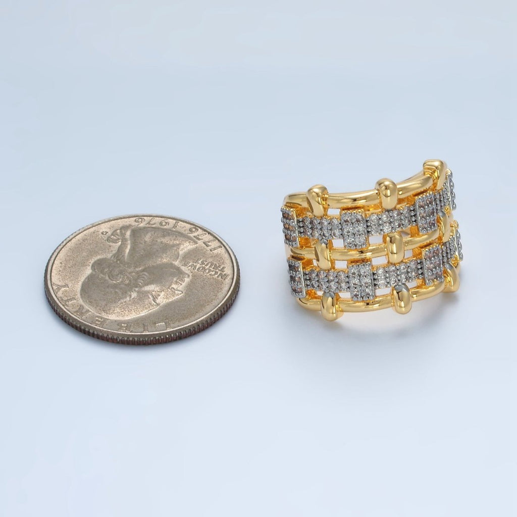 24K Gold plated Woven Micro Paved CZ Multiple Band Mixed Metal Ring | O1406 - DLUXCA
