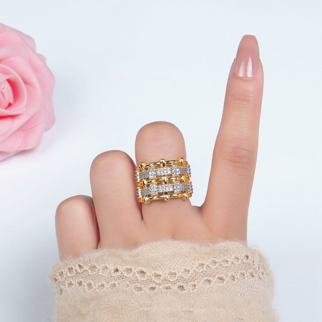 24K Gold plated Woven Micro Paved CZ Multiple Band Mixed Metal Ring | O1406 - DLUXCA