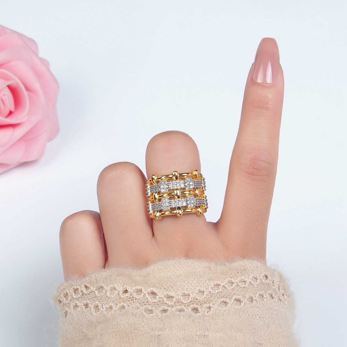 24K Gold plated Woven Micro Paved CZ Multiple Band Mixed Metal Ring | O1406 - DLUXCA