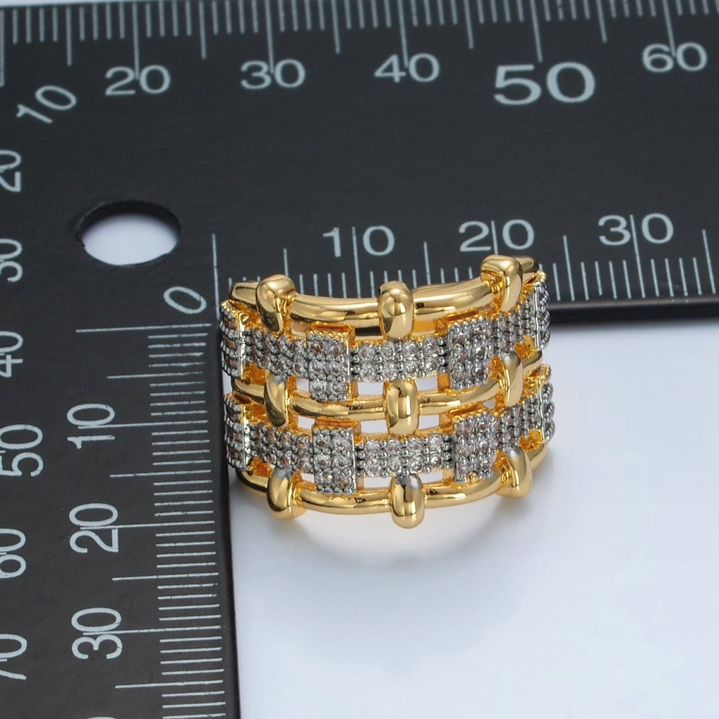 24K Gold plated Woven Micro Paved CZ Multiple Band Mixed Metal Ring | O1406 - DLUXCA
