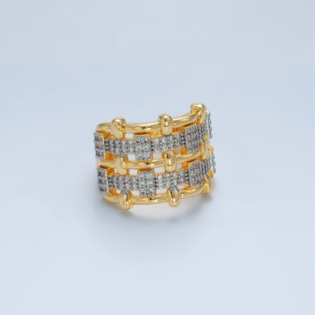 24K Gold plated Woven Micro Paved CZ Multiple Band Mixed Metal Ring | O1406 - DLUXCA