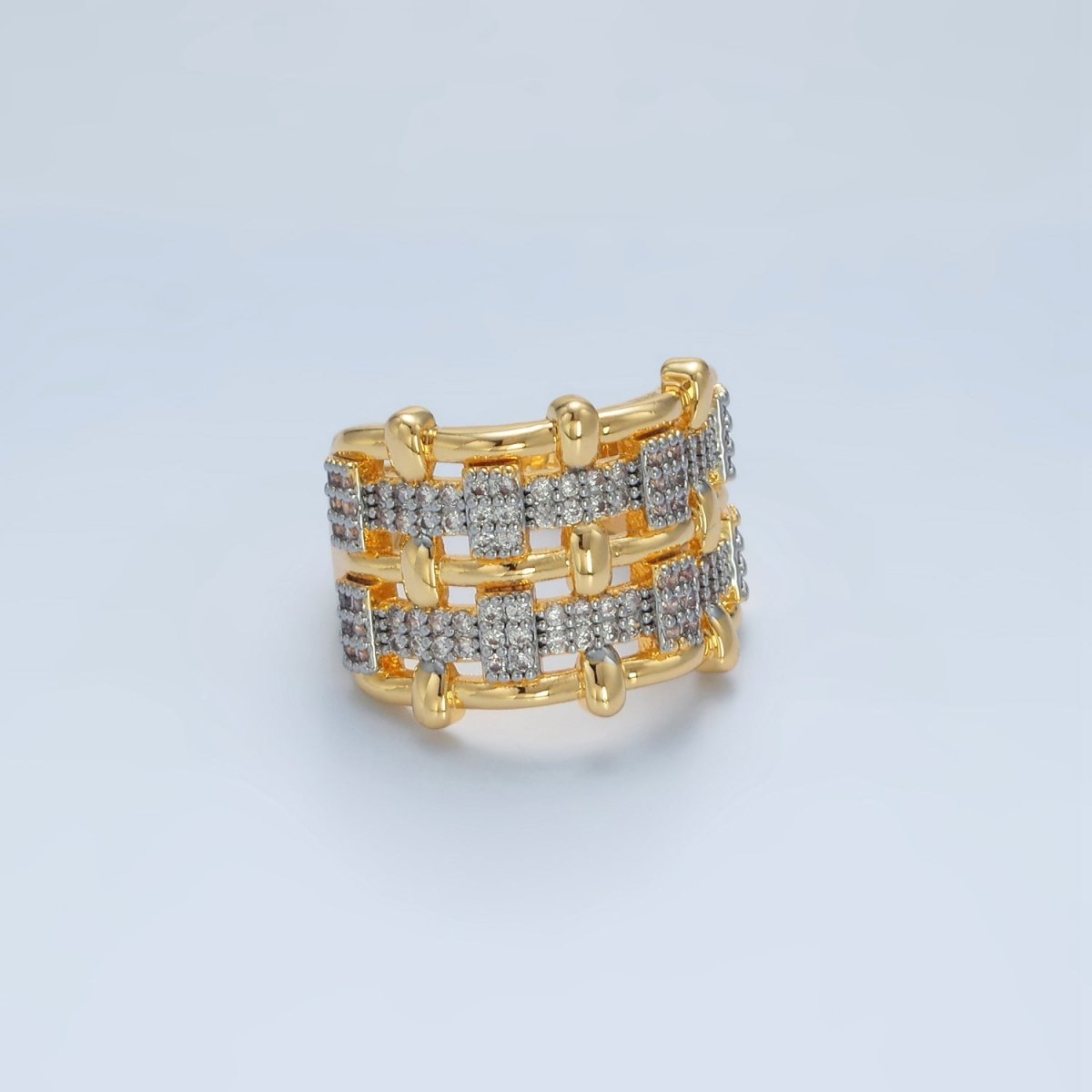 24K Gold plated Woven Micro Paved CZ Multiple Band Mixed Metal Ring | O1406 - DLUXCA