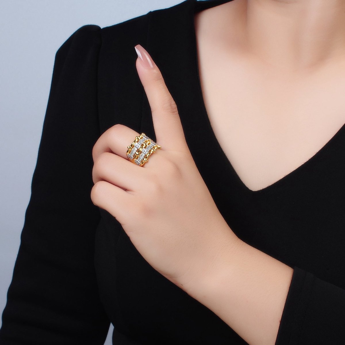 24K Gold plated Woven Micro Paved CZ Multiple Band Mixed Metal Ring | O1406 - DLUXCA