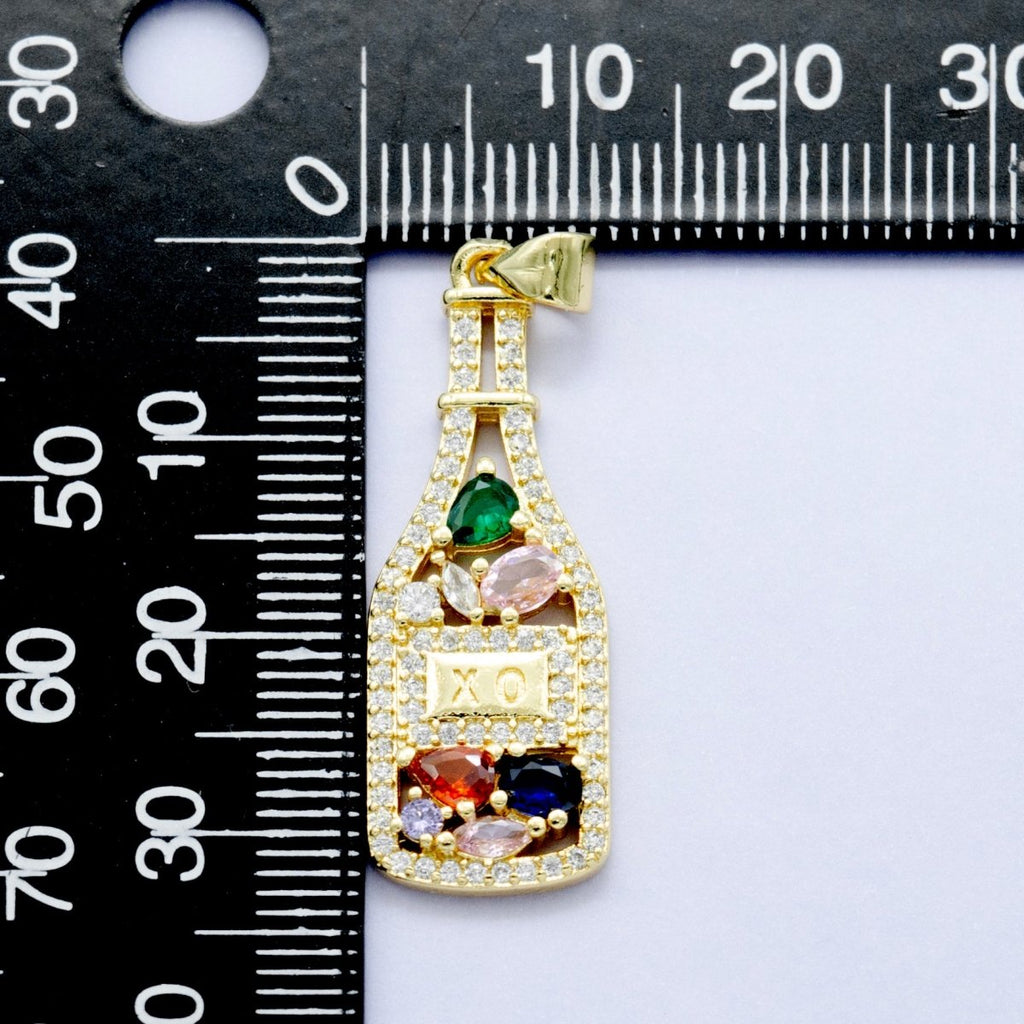 24K Gold plated "XO" Engraved Multicolor Cluster CZ Wine Bottle Pendant | AA1454 