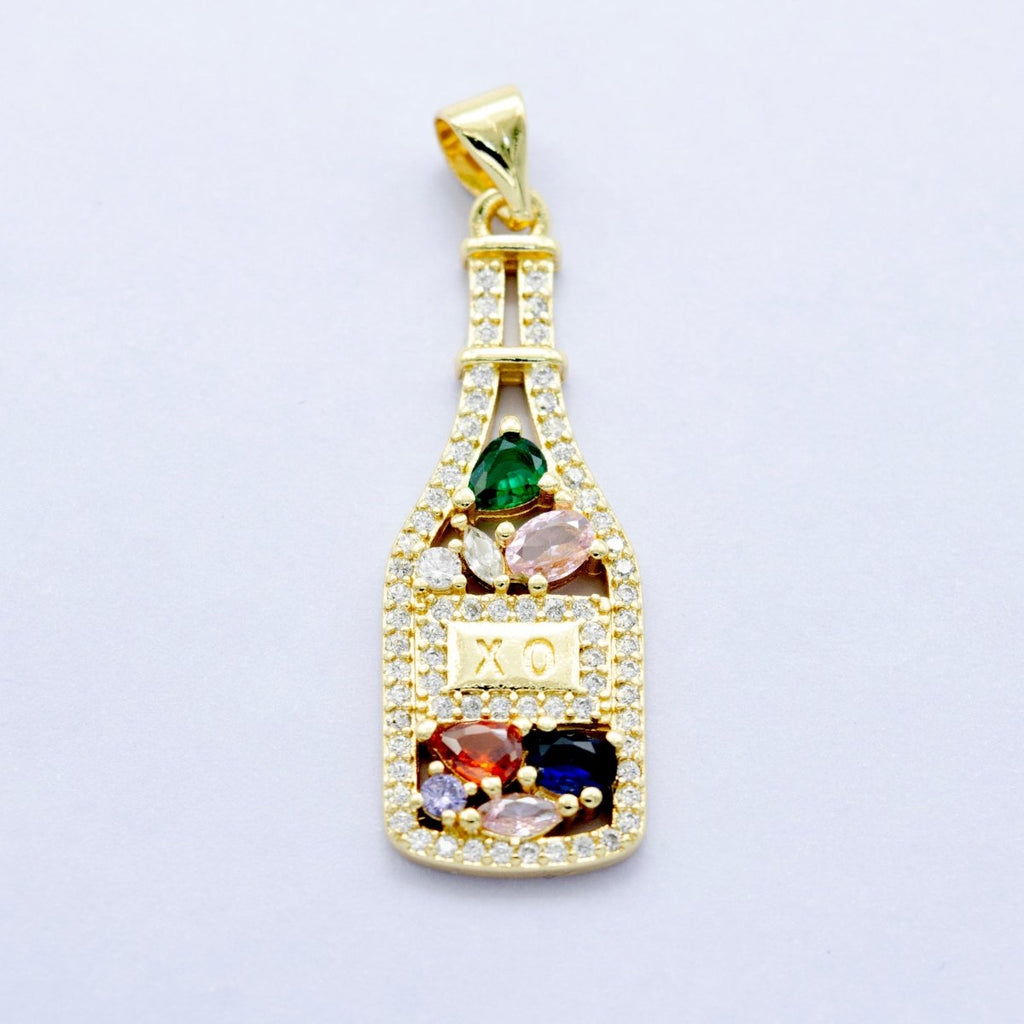 24K Gold plated "XO" Engraved Multicolor Cluster CZ Wine Bottle Pendant | AA1454 
