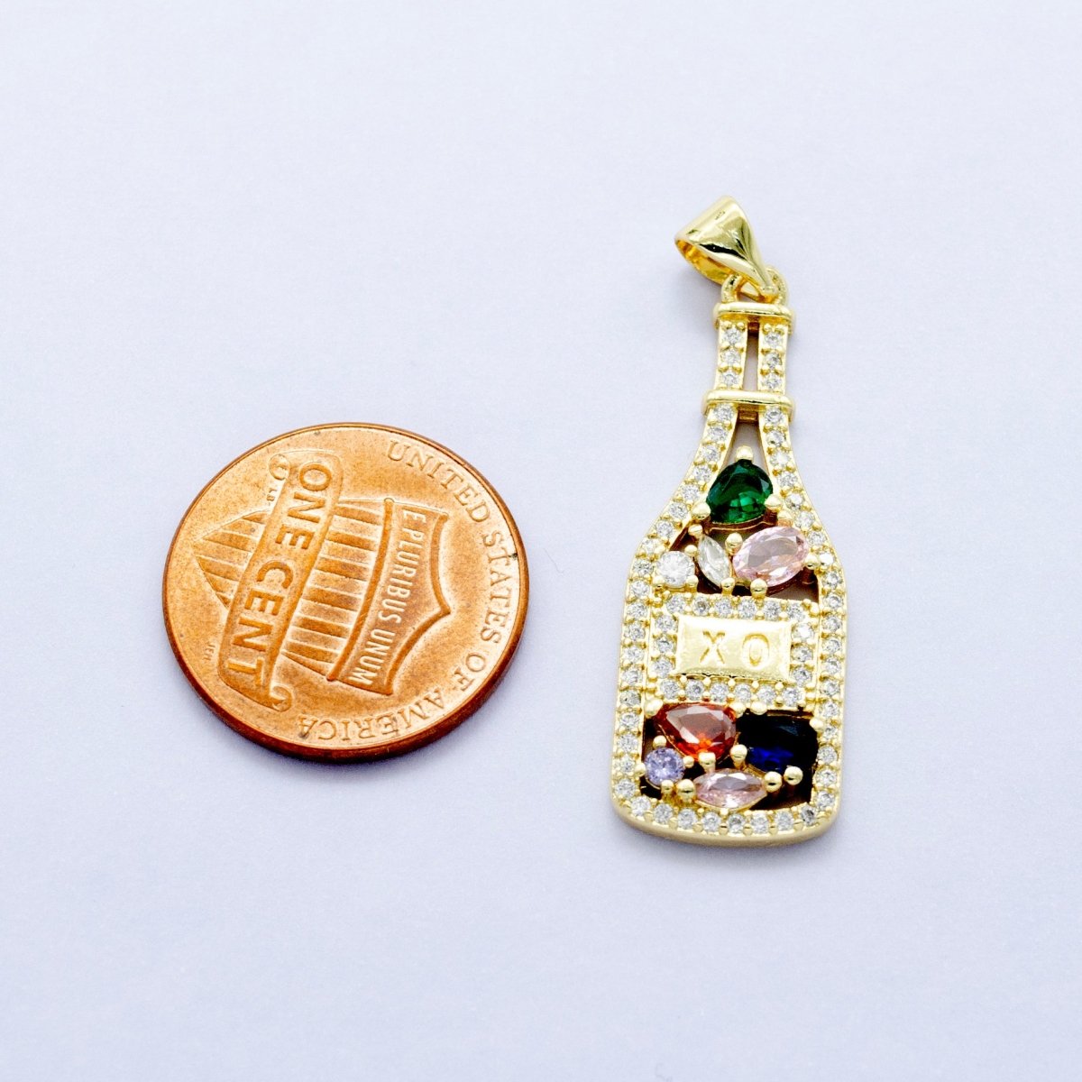 24K Gold plated "XO" Engraved Multicolor Cluster CZ Wine Bottle Pendant | AA1454 