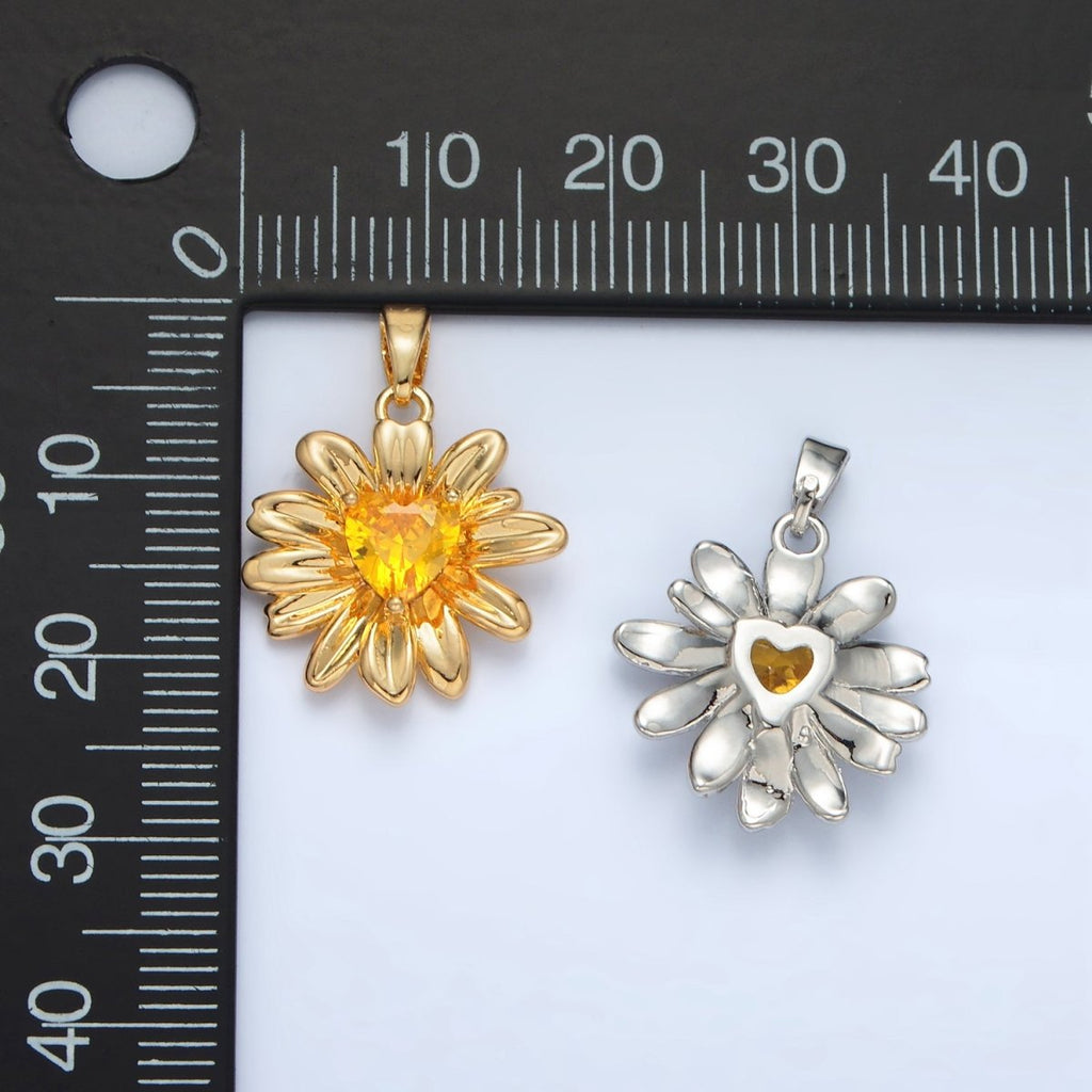 24K Gold plated Yellow Heart CZ Sunflower Pendant in Gold & Silver | AA1390 - DLUXCA