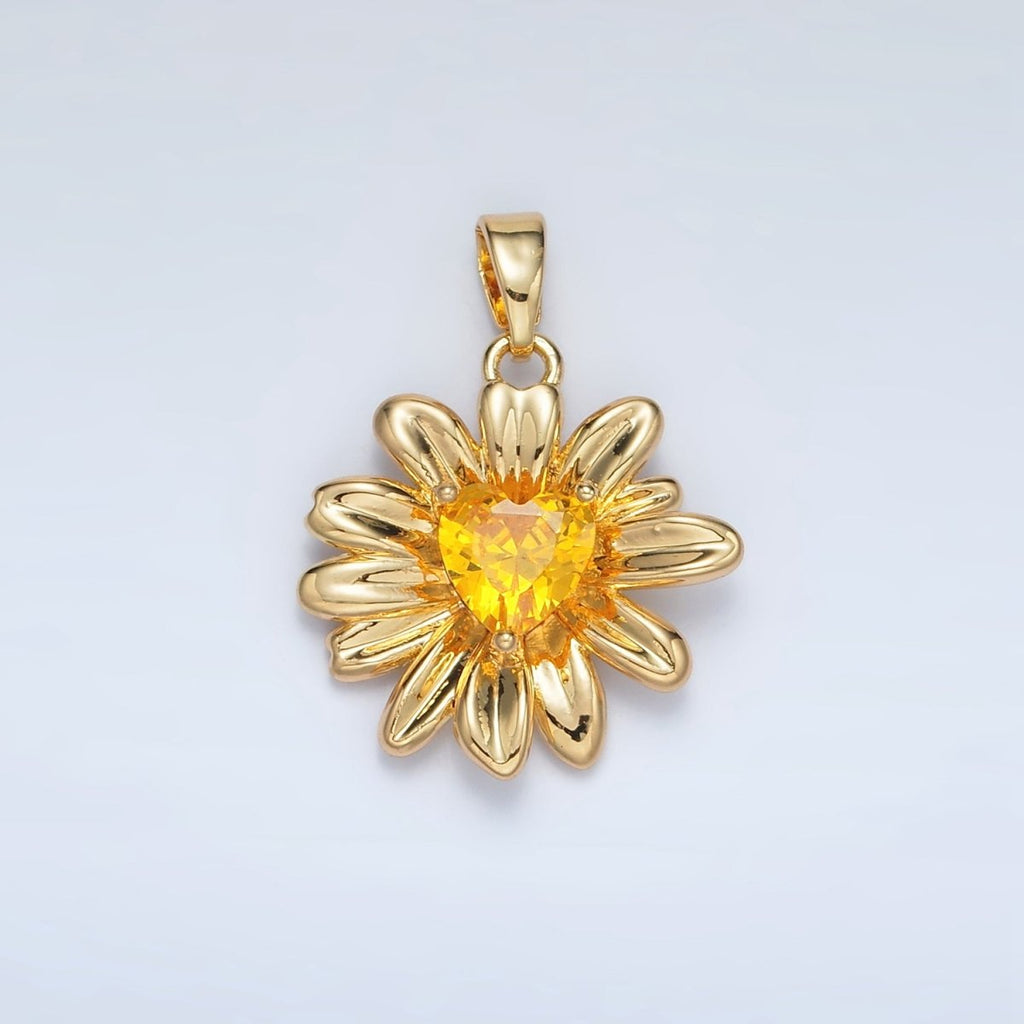 24K Gold plated Yellow Heart CZ Sunflower Pendant in Gold & Silver | AA1390 - DLUXCA