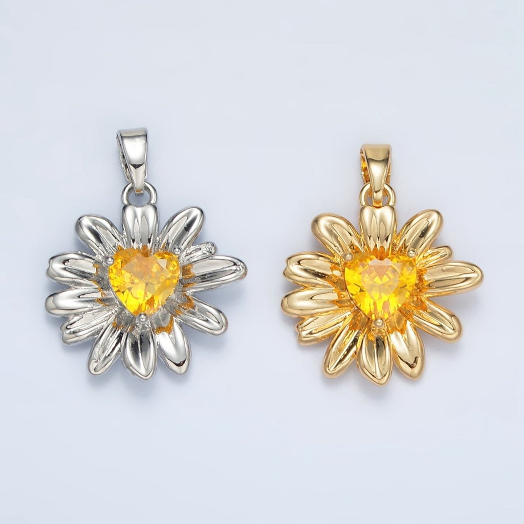 24K Gold plated Yellow Heart CZ Sunflower Pendant in Gold & Silver | AA1390 - DLUXCA