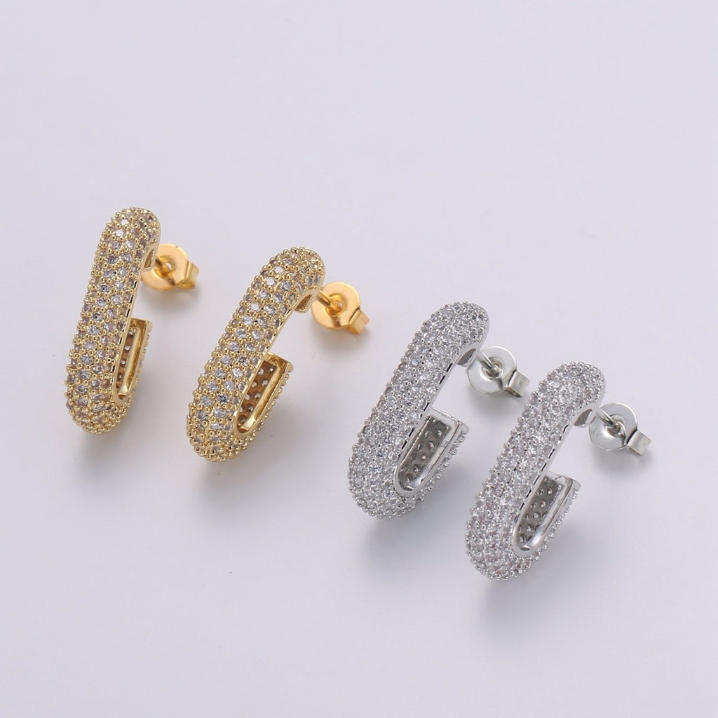 24K Gold Full Pave CZ Stud Earring, White Gold plated Micro Pave Earring Bold Earring Statement Earring Chunky Q-513 Q-514 - DLUXCA