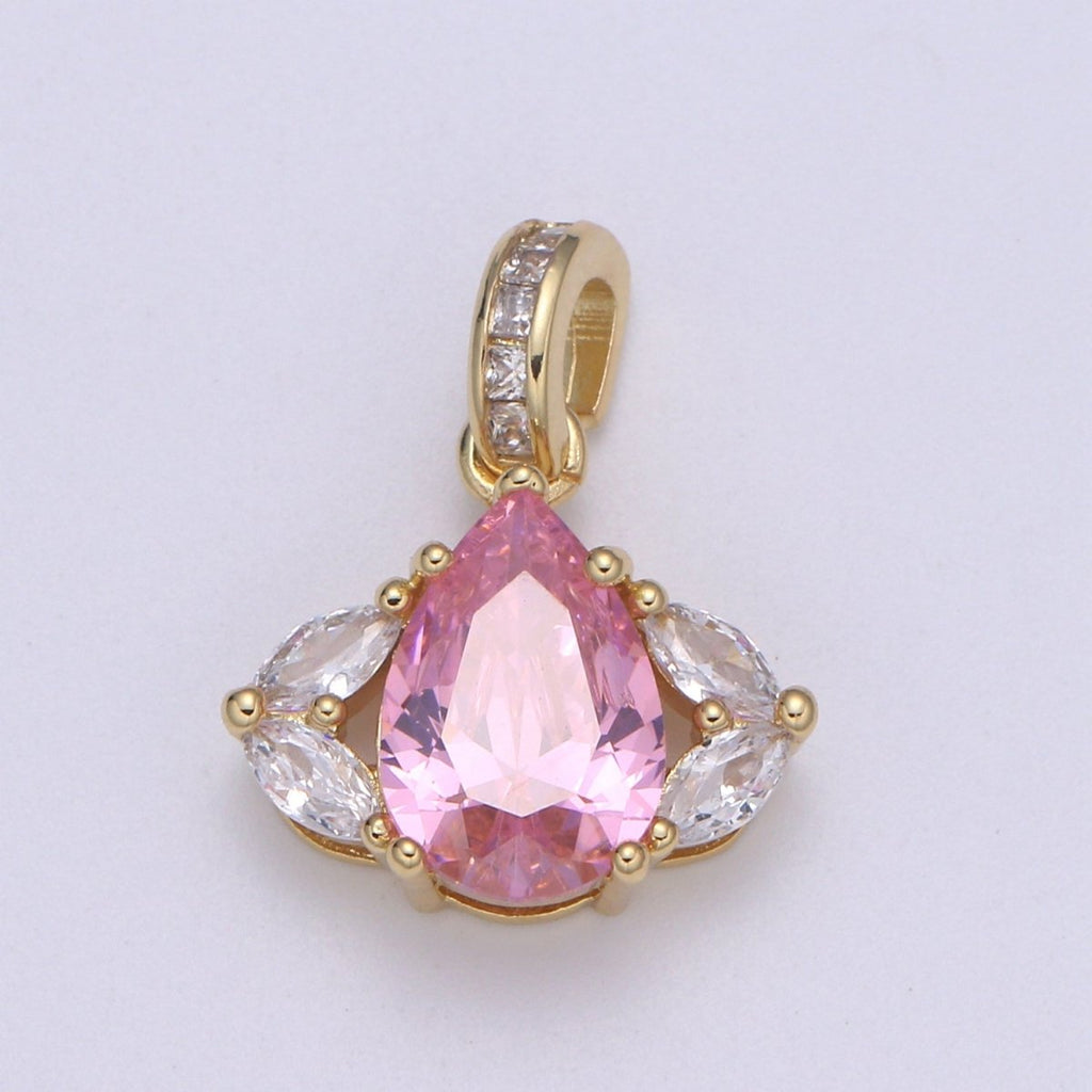 24k Gold Micro Pave CZ Evil Eye Pendant Charm, Pink Tear drop CZ Pendant Charm, Micro Pave Cubic Bail For DIY Jewelry making H-647 - DLUXCA