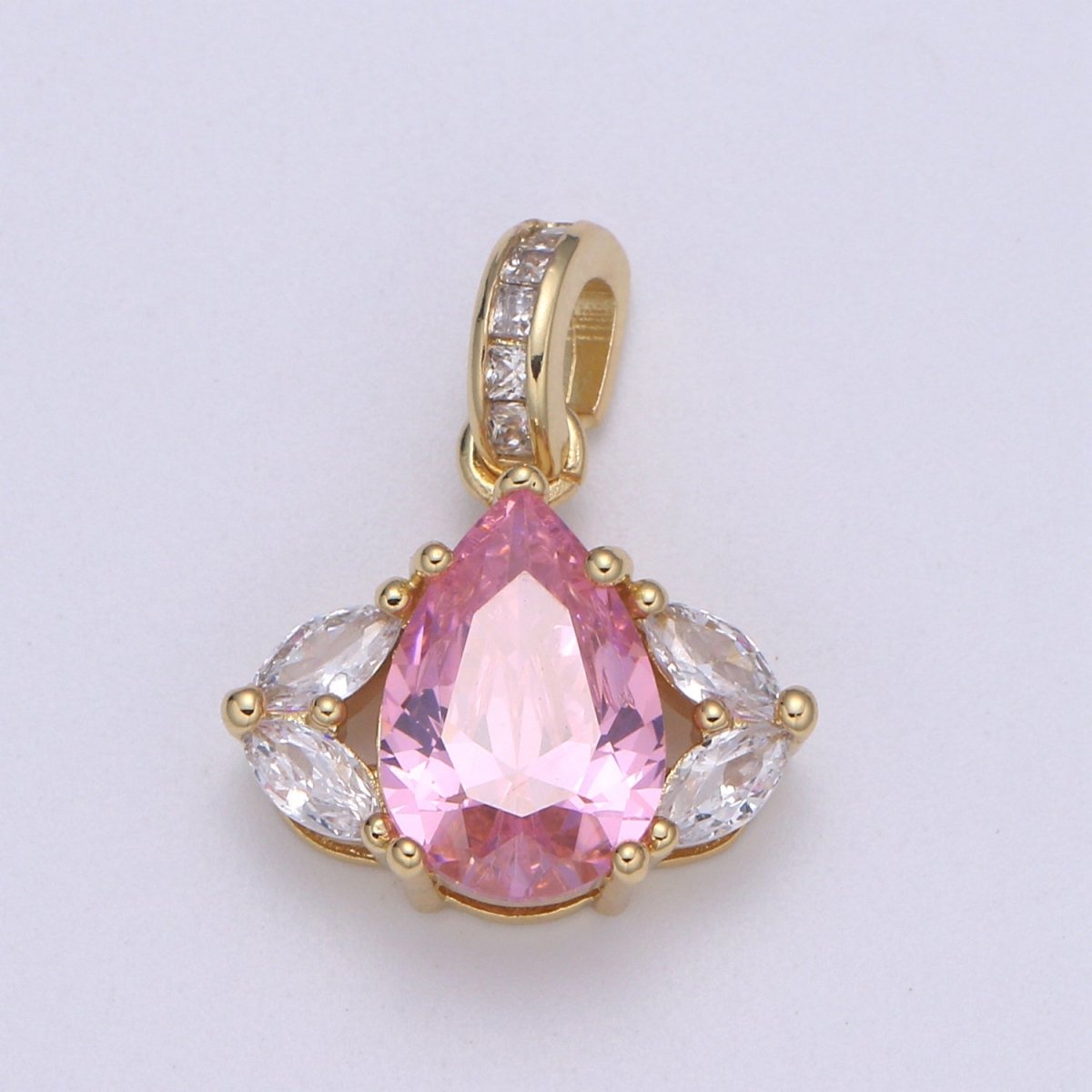 24k Gold Micro Pave CZ Evil Eye Pendant Charm, Pink Tear drop CZ Pendant Charm, Micro Pave Cubic Bail For DIY Jewelry making H-647 - DLUXCA