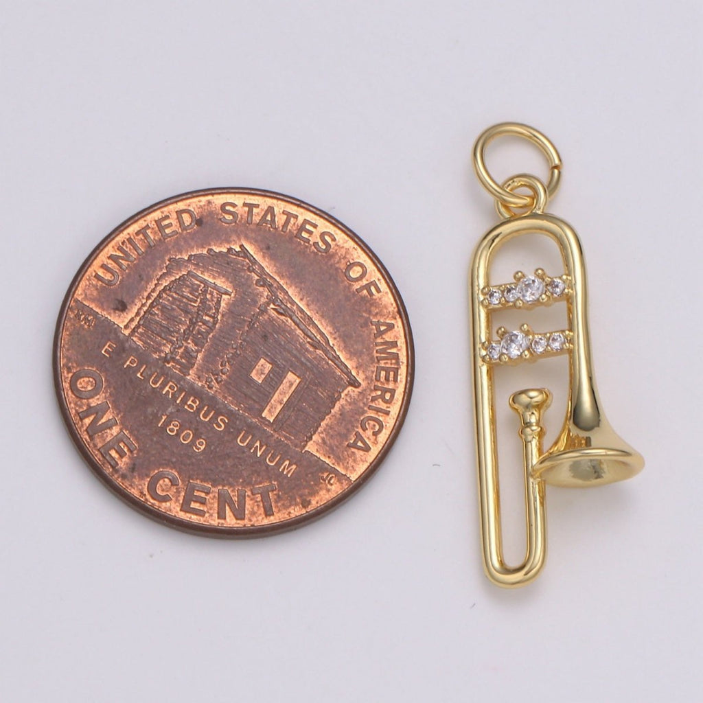 24K Gold Micro Pave CZ Music Trumpet Pendant Charm, Musical Pendant Charm, Music Pendant, For DIY Jewelry, E-201 - DLUXCA