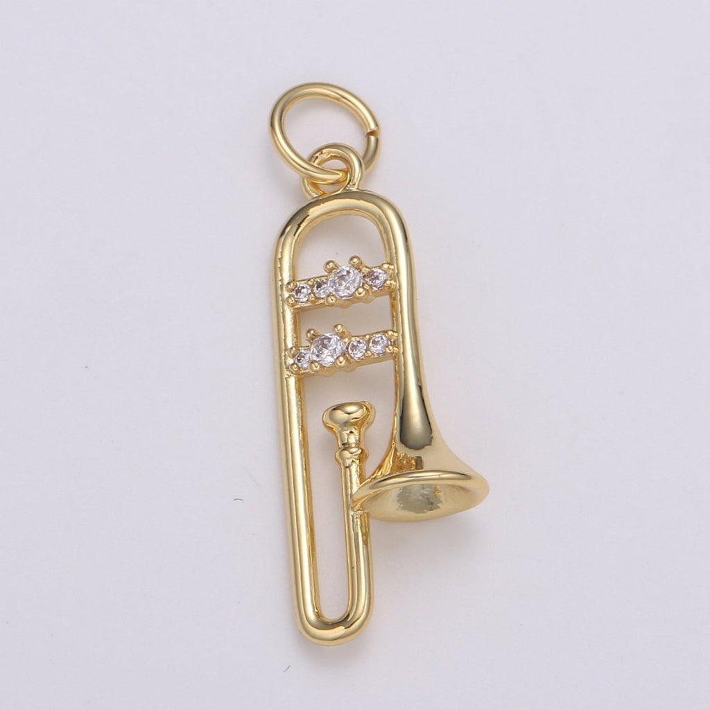 24K Gold Micro Pave CZ Music Trumpet Pendant Charm, Musical Pendant Charm, Music Pendant, For DIY Jewelry, E-201 - DLUXCA