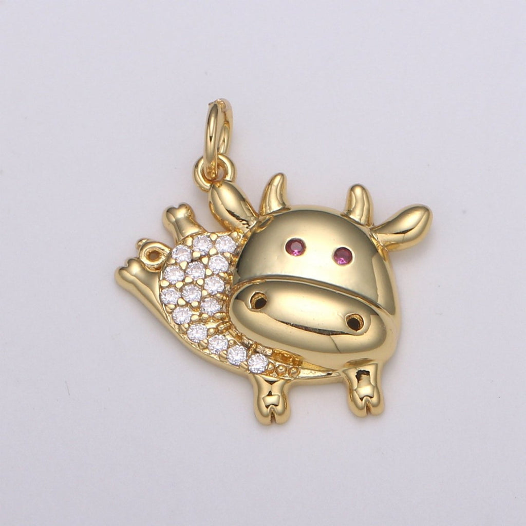 24k Gold Micro Pave Ox Charm, Red Eye Cubic Zirconia Bull Pendant Charm, Gold Cow CharmFor DIY Jewelry E-195 - DLUXCA