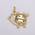 24k Gold Micro Pave Ox Charm, Red Eye Cubic Zirconia Bull Pendant Charm, Gold Cow CharmFor DIY Jewelry E-195 - DLUXCA