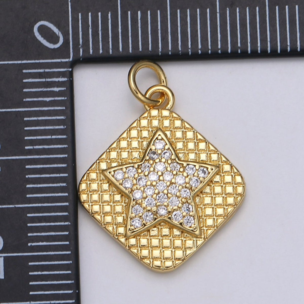 24K Gold Micro Pave Star Charm Cubic Zirconia Celestial Pendant Charm Rhombus Tag CZ simple Charm E-139 - DLUXCA