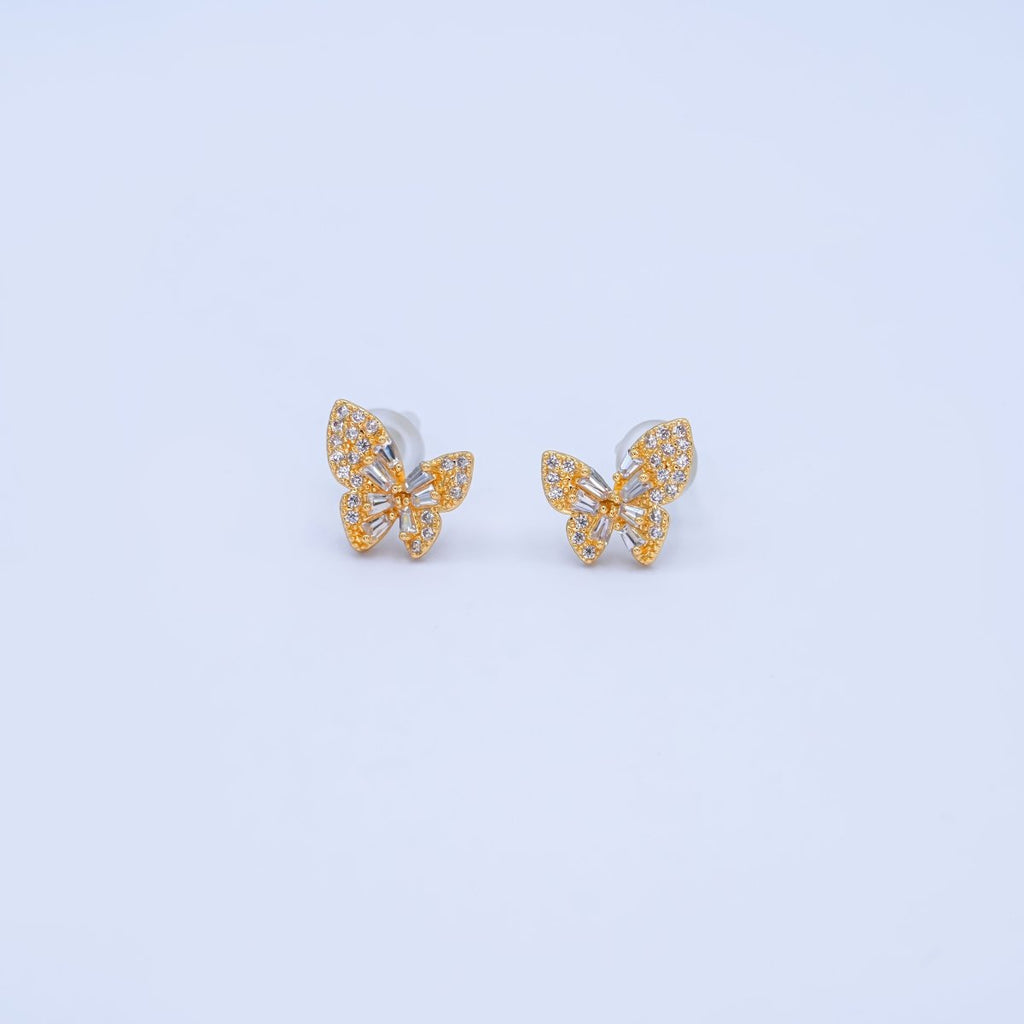 24K Gold Plated Baguette Micro Paved CZ Butterfly Stud Earrings Set in Gold & Silver | AB200 AB221 
