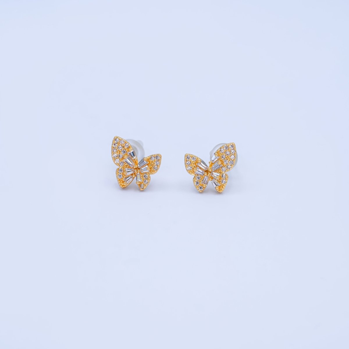 24K Gold Plated Baguette Micro Paved CZ Butterfly Stud Earrings Set in Gold & Silver | AB200 AB221 