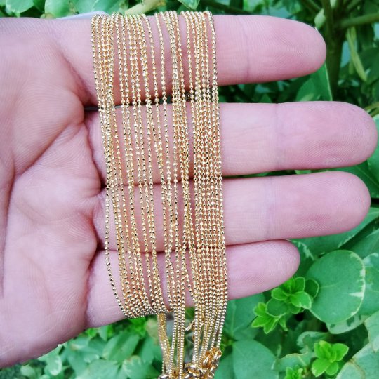 24K Gold Plated Beaded Ball Finished Chain For Necklace Making, 19.9 inch Bead Chain, Dainty 1mm Bead Necklace w/ Spring Ring | CN-834 Clearance Pricing - DLUXCA