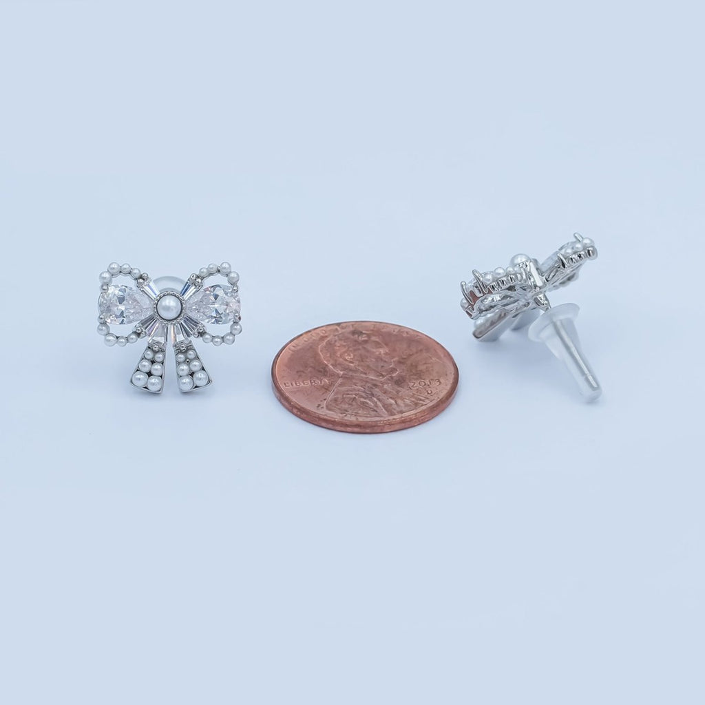 24K Gold Plated CZ Shell Pearl Ribbon Bow Stud Earrings in Gold & Silver | AB170 AB172 