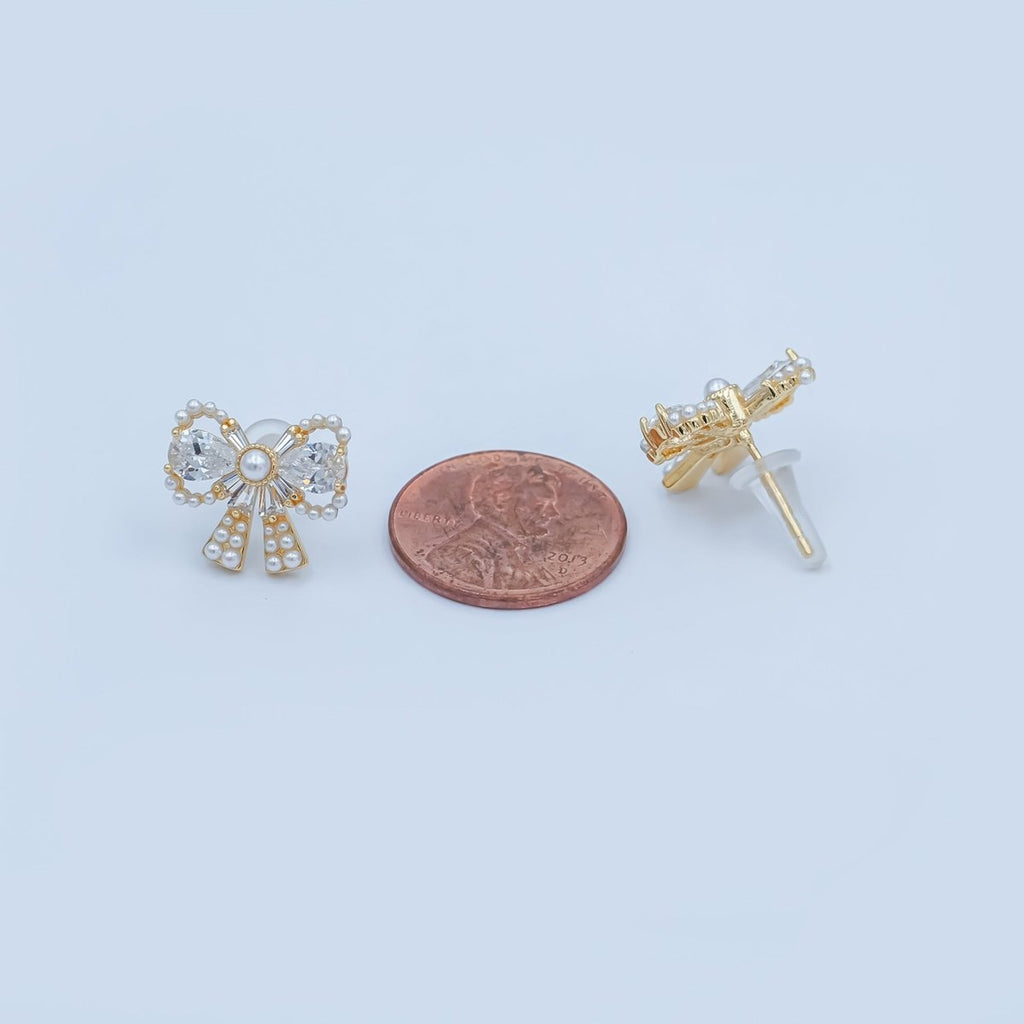 24K Gold Plated CZ Shell Pearl Ribbon Bow Stud Earrings in Gold & Silver | AB170 AB172 
