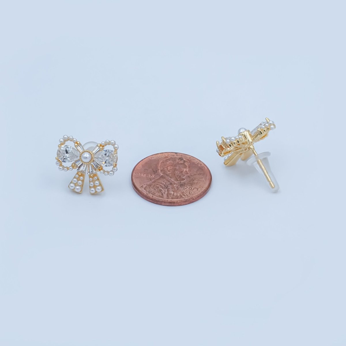24K Gold Plated CZ Shell Pearl Ribbon Bow Stud Earrings in Gold & Silver | AB170 AB172 