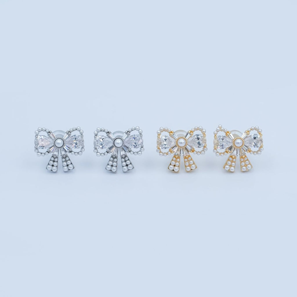 24K Gold Plated CZ Shell Pearl Ribbon Bow Stud Earrings in Gold & Silver | AB170 AB172 