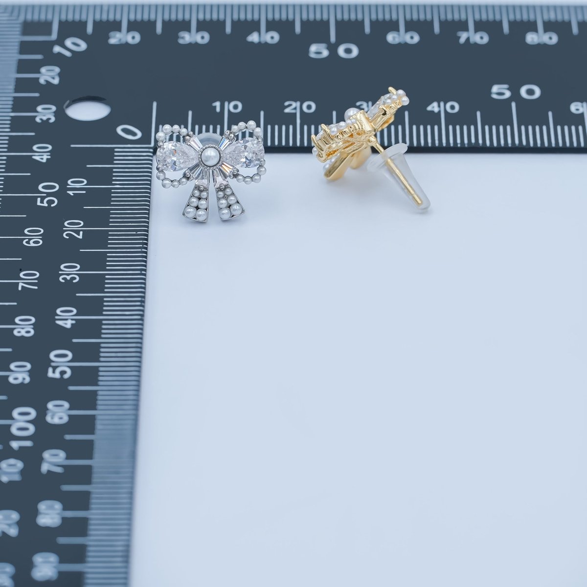 24K Gold Plated CZ Shell Pearl Ribbon Bow Stud Earrings in Gold & Silver | AB170 AB172 