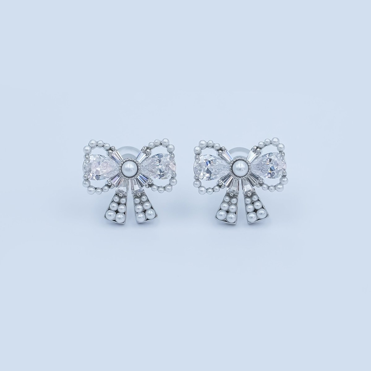24K Gold Plated CZ Shell Pearl Ribbon Bow Stud Earrings in Gold & Silver | AB170 AB172 