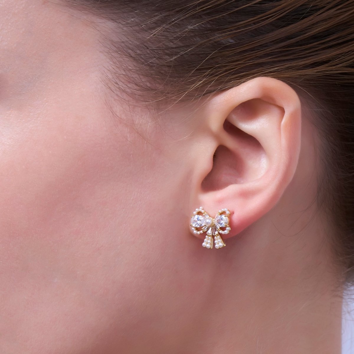 24K Gold Plated CZ Shell Pearl Ribbon Bow Stud Earrings in Gold & Silver | AB170 AB172 