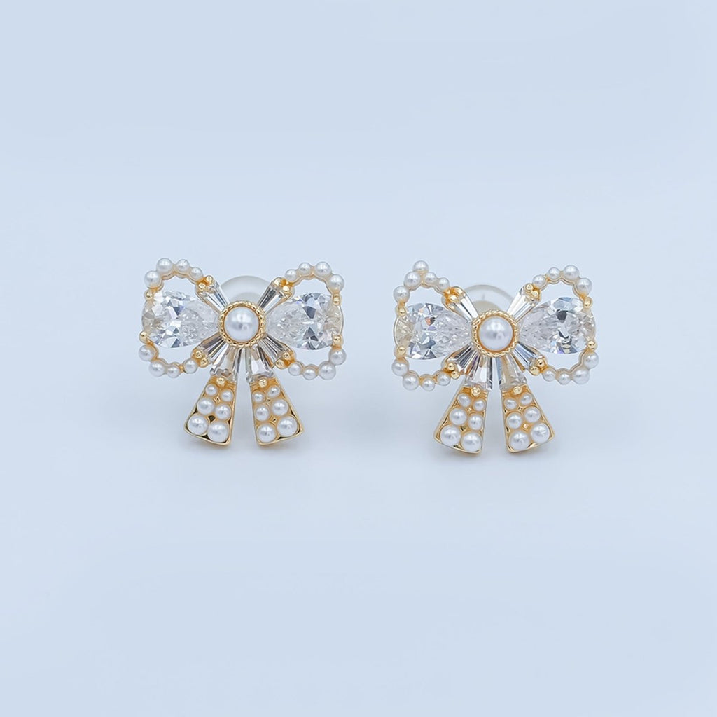 24K Gold Plated CZ Shell Pearl Ribbon Bow Stud Earrings in Gold & Silver | AB170 AB172 