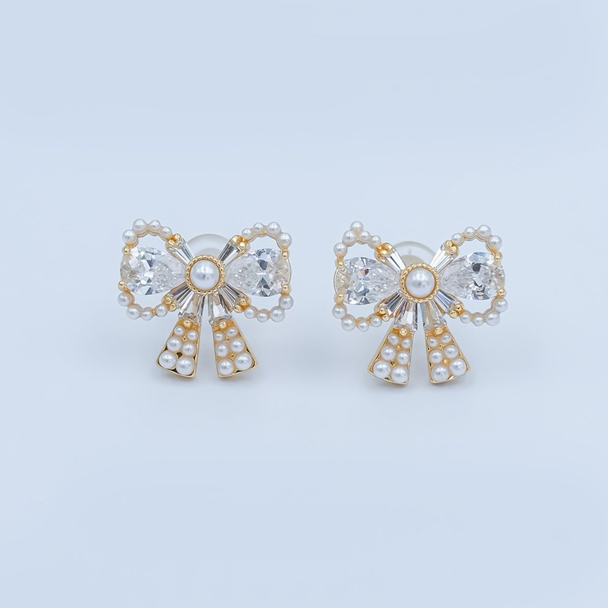 24K Gold Plated CZ Shell Pearl Ribbon Bow Stud Earrings in Gold & Silver | AB170 AB172 