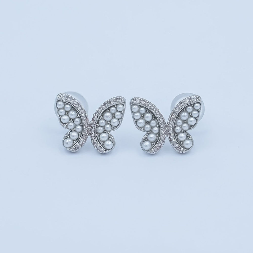 24K Gold Plated Micro Paved CZ Shell Pearl Butterfly Stud Earrings Set in Gold & Silver | AB263 AB264 - DLUXCA