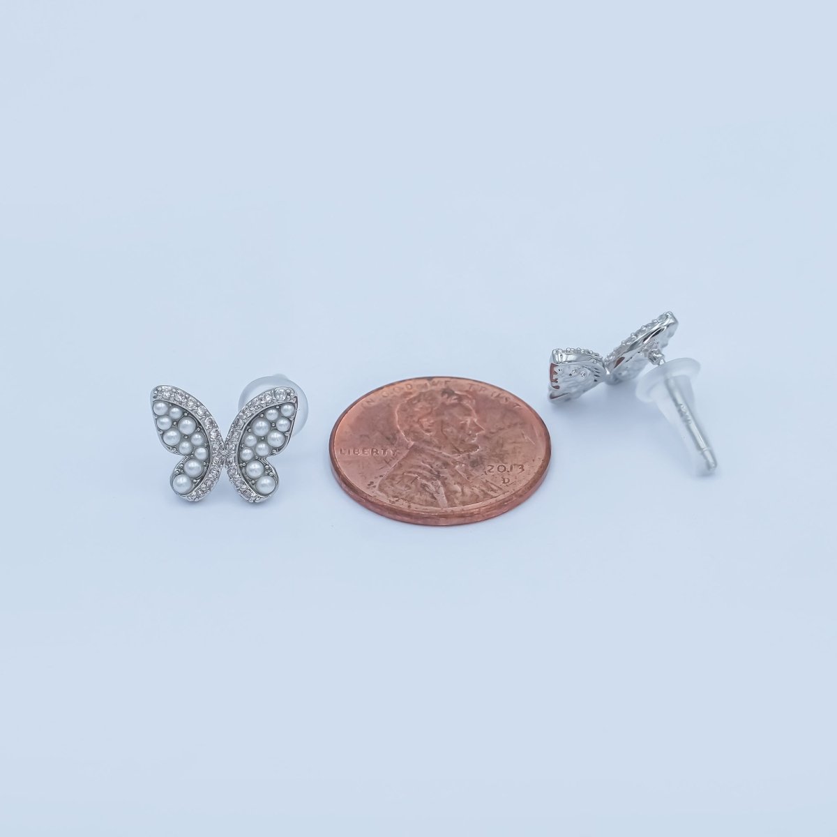 24K Gold Plated Micro Paved CZ Shell Pearl Butterfly Stud Earrings Set in Gold & Silver | AB263 AB264 