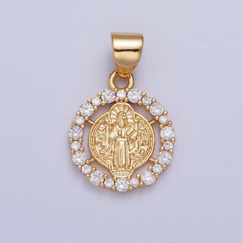 24K Gold Plated St Benedict Medallion, Micro Pave Clear Cubic Zirconia CZ Religious Saint Open Round Charm X-447 - DLUXCA