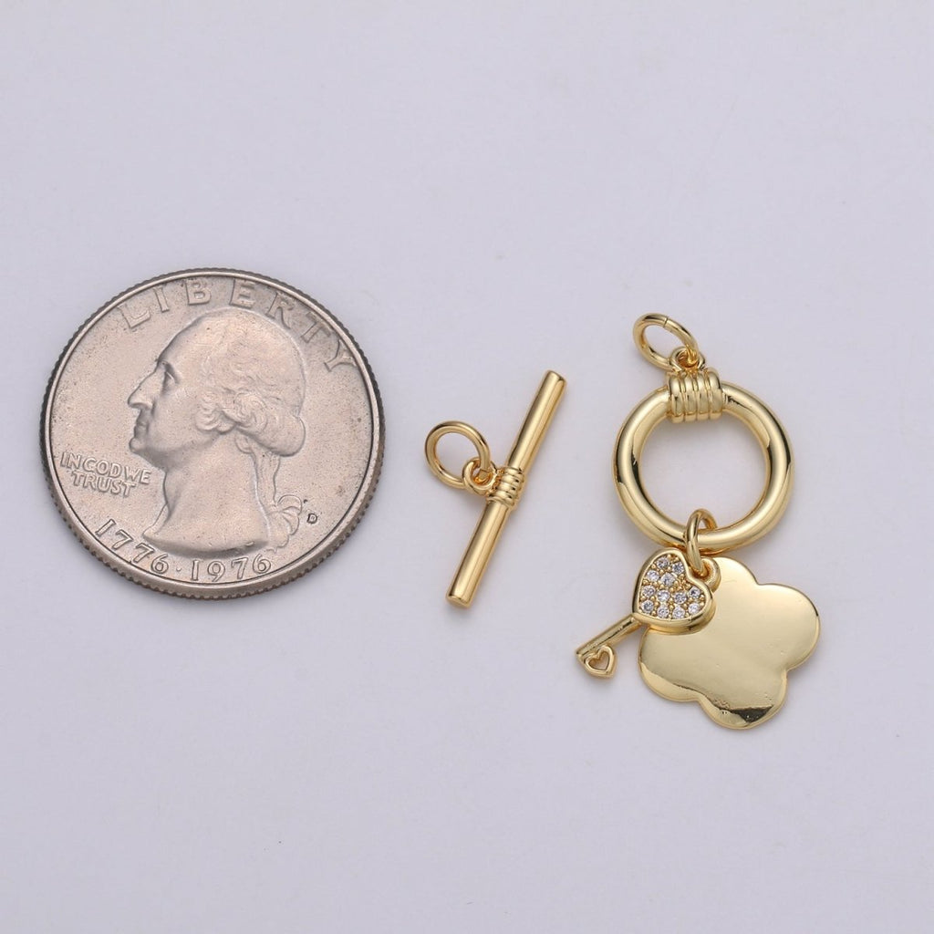 24K Gold Toggle Clasp with Love Key CZ Crystal and Shamrock Clover Toggle Clasp L-069 L-070 - DLUXCA